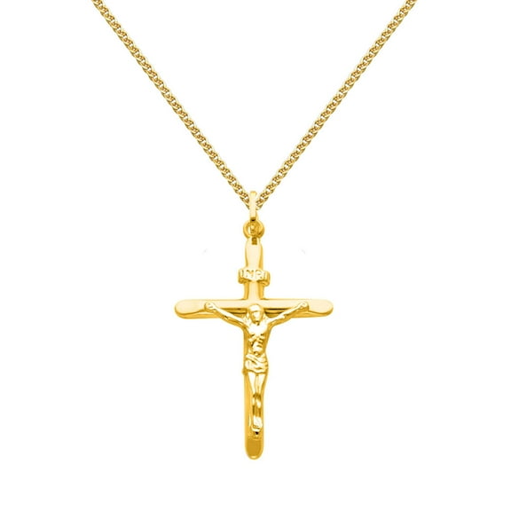 Wellingsale 14k Yellow Gold Polished Catholic Crucifix Cross Charm Pendant with 1.5mm Flat Open wheat Chain Necklace - 16"