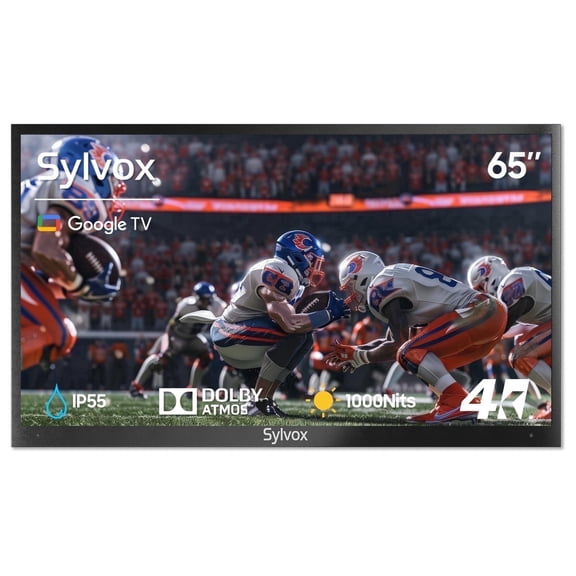 SYLVOX 65 inch Smart Outdoor TV 4k 1000nits Brithness Google Television, Dobly Atmos,IP55 Waterproof Google Assistant, for Partial Sun Deck Pro 2.0