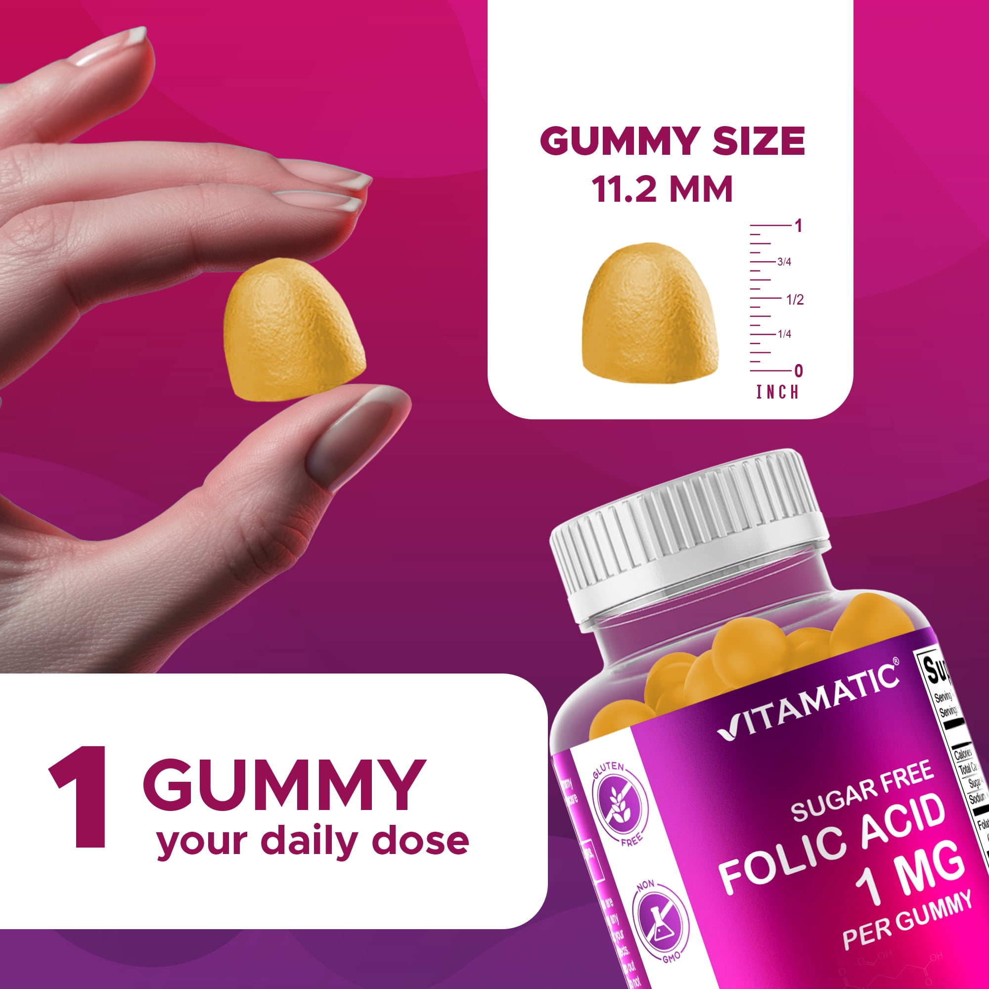 2 Pack Vitamatic Folic Acid Gummies 1000 mcg (1 mg) - an Essential Prenatal Vitamins for Mom & Baby - Vitamin B9 - 120 Vegan Gummies