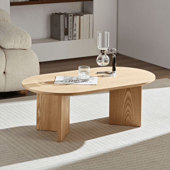 Length 39.37 Inch Oval MDF Coffee Table for Living & Bedroom,Sturdy Pedestal,Modern Design,OAK
