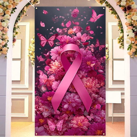 Seyotauo Breast Cancer Awareness Door Cover,October Pink Ribbon Party Decorations Hope Faith Love Photo Backdrop Breast Cancer Awareness Door Decorations and Supplies for Home Room Outdoor