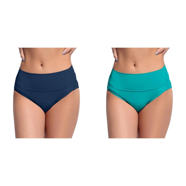 2 Pack(Navy 1PCS & Mint Green 1PCS) Multipack Women's High Waisted Bikini Bottoms Retro Basic Full Coverage Swimsuit Mid Waist Bathing Suit Bottom