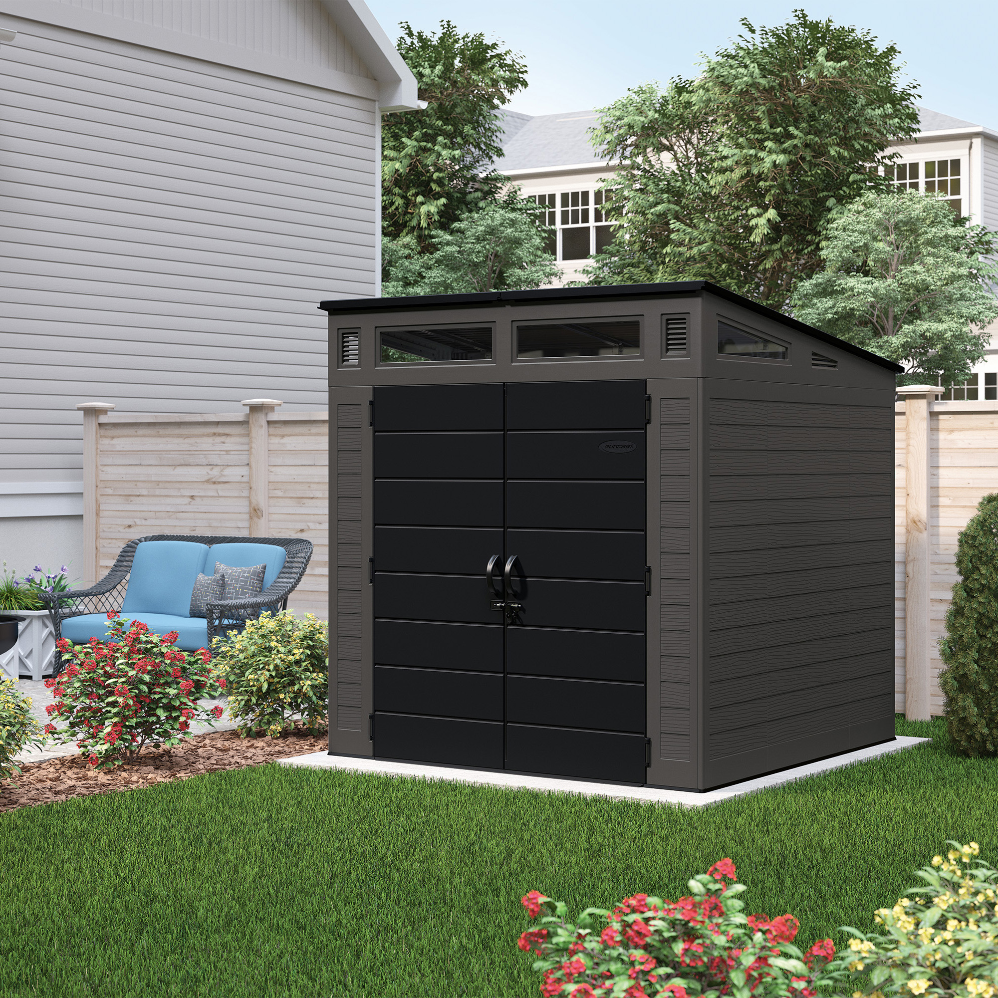 Suncast Resin Modernist Outdoor Storage Shed, Black and Gray, 86.5 in D x 89.5 in H x 87.5 in W - image 4 of 5
