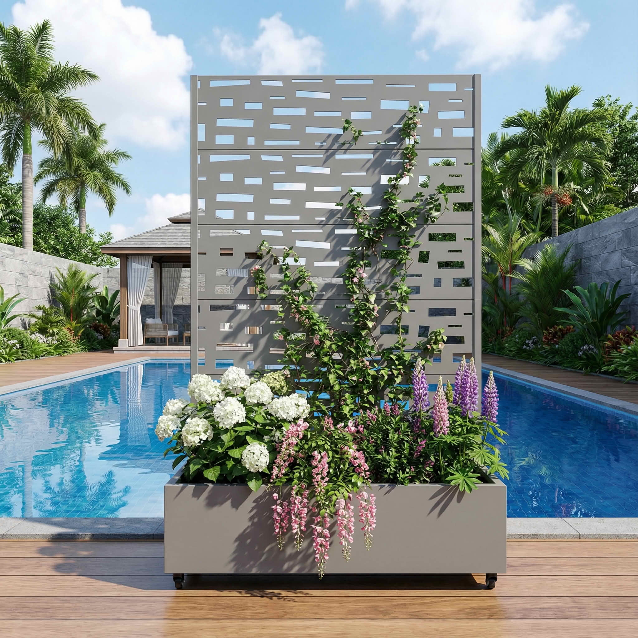 MAYEERTY 72X47" Metal Outdoor Gray Privacy Screen with Planter Box for Backyard & Garden, 5 Piece Set