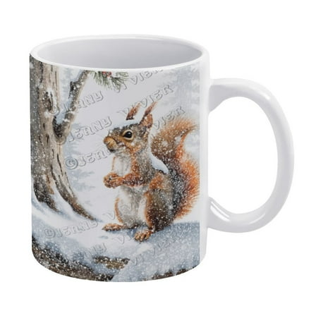 Novelty Coffee Mug - Winter Squirrel Mug - 330 ml / 11 oz White Ceramic Mug - Tea Cup for Xmas Party