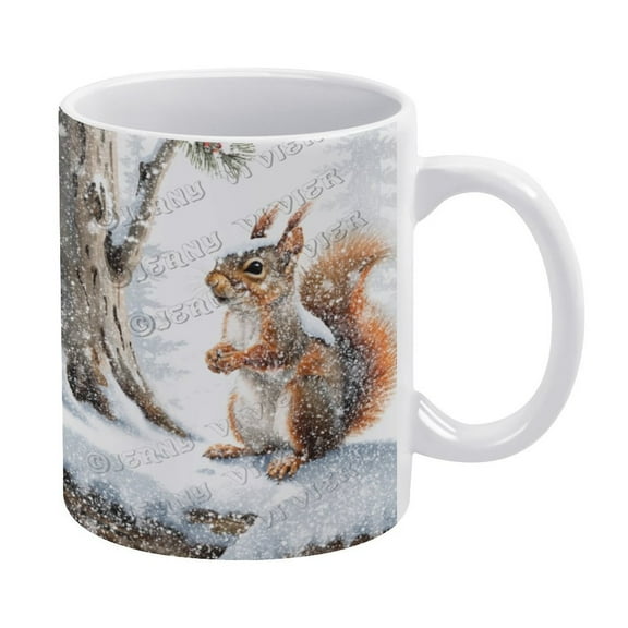 Novelty Coffee Mug - Winter Squirrel Mug - 330 ml / 11 oz White Ceramic Mug - Tea Cup for Xmas Party