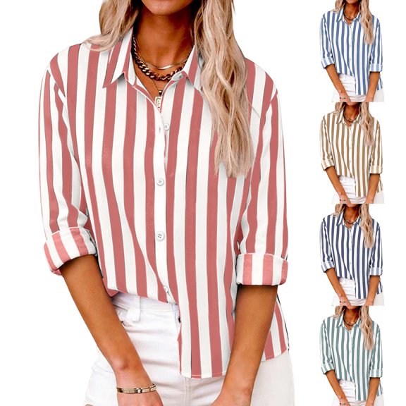 Women's Striped Button Down Shirt Long Sleeve Casual Blouse Cotton Linen Office Work Tops Loose Fit Fashion Outfit Spring Summer Blue L