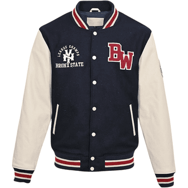 BLUE WELLFORD Harris Varsity Leather Jacket Men's Wool Body with Leather Sleeves Embroidered Badges Retro Bomber Style in Navy and Offwhite