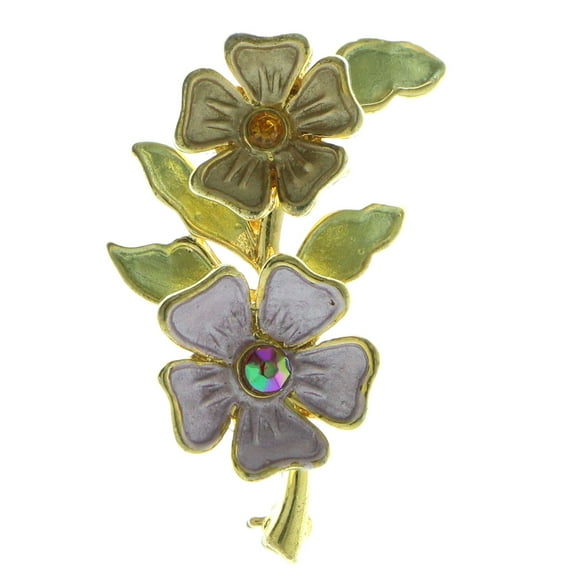 Flowers Brooch-Pin Gold-Tone Metal With Crystal Accents LQP807