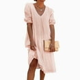 thumbnail image 4 of Usmixi Summer Dresses for Women Loose Plus Size Breathable Cotton Linen Knee-Length Dresses Short Sleeve V-Neck Solid Midi 2023 Casual Dress Orange m, 4 of 6
