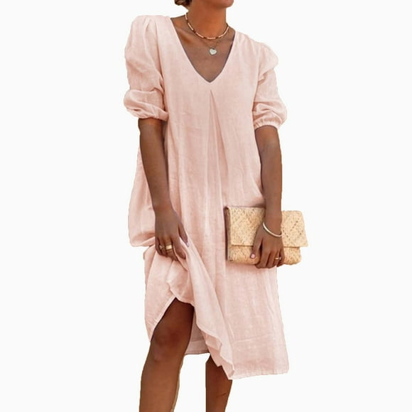 CEHVOM Women's Cotton Linen Solid Fashion Medium Sleeve Casual Pleated Medium Length Dress