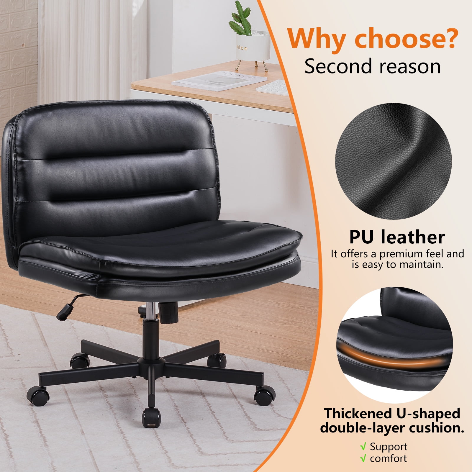 COMHOMA Armless Office Desk Chair, Criss Cross Swivel Chair with Wheels, Wide Seat Adult Vanity Chair for Home Office , Black