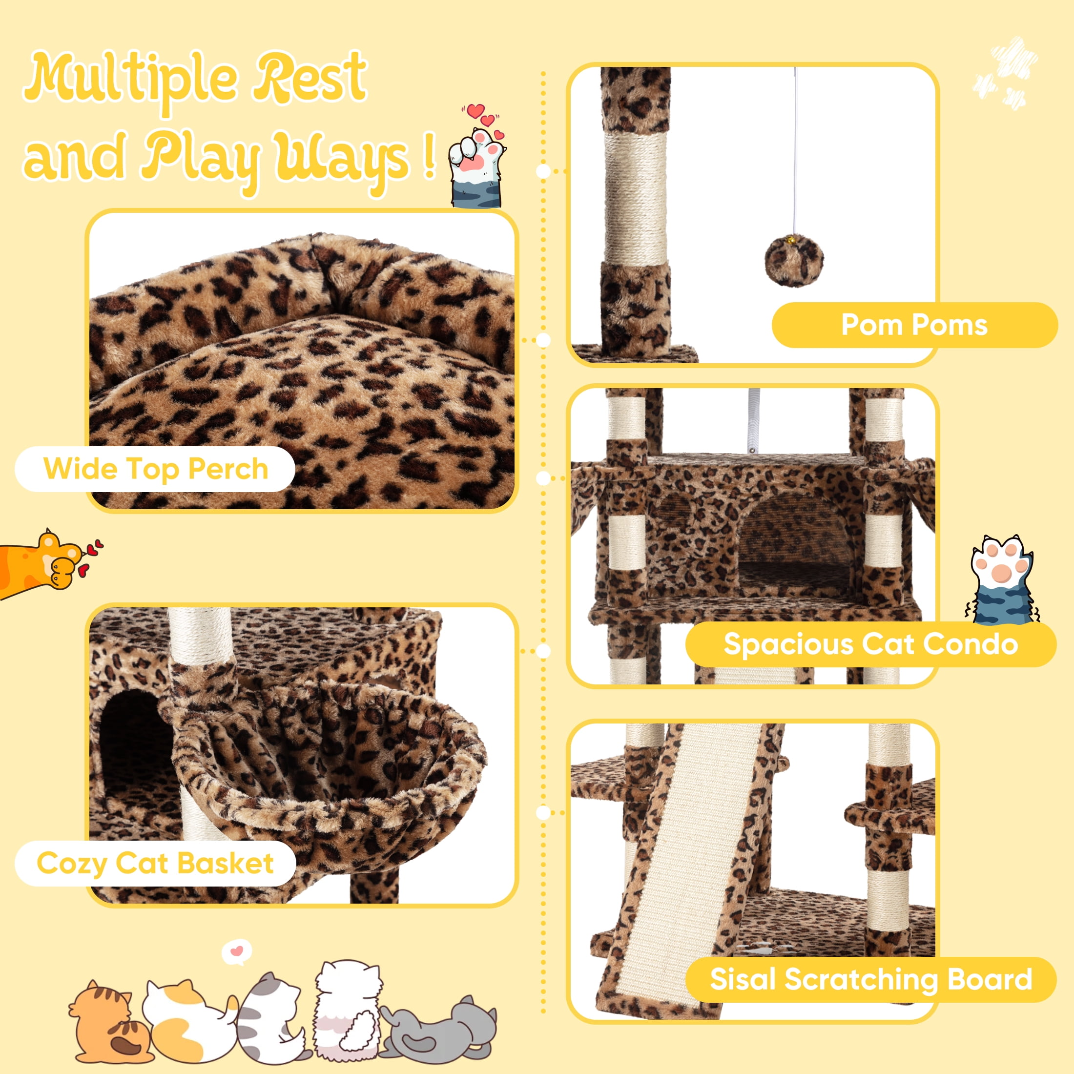 Sha Cerlin 68" X Large Cat Tree and Tower for Cats with Condo House, Sisal Scratching Board & Posts, Leopard Print