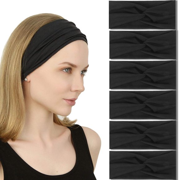 IVARYSS Diademas con nudos torcidos para mujer, bandas elásticas antideslizantes para la cabeza, accesorios para el cabello para yoga, correr, entrenamiento, paquete de 6, color negro