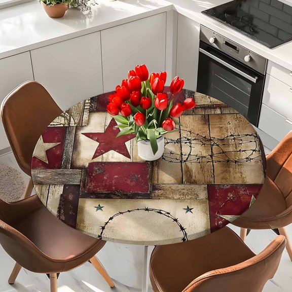 Red Texas Star Elastic Fitted Round Tablecloth Western Barn Wood Grain Waterproof Outdoor Table Cover for Holiday Party, Picnic, Patio & Dining Fits Tables Up to 36"-44"
