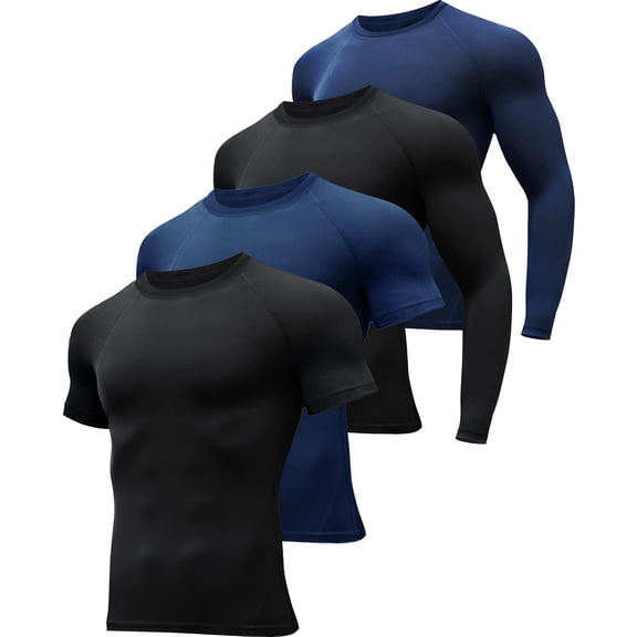 alpinario 4 Pack Men's Workout Compression Shirts Long/Short Sleeve Shirts, Black, Large