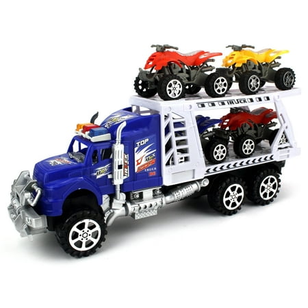 ATV Transporter Trailer Children's Friction Toy Truck Ready To Run w/ 4 Toy ATVs, No Batteries Required (Colors May