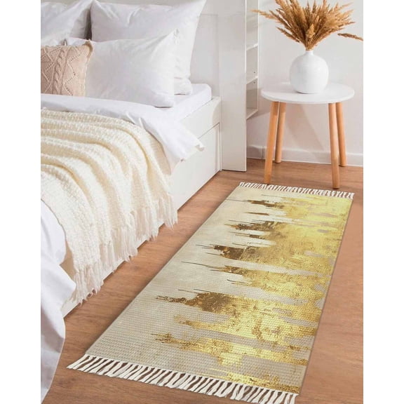 Abstract Gold Hallway Runner Rug 2x6ft,Modern Brush Luxury Strokes Artwork Washable Woven Living Room Bedroom Kitchen Bathrom Carpet with Tassels,Indoor Outdoor Throw Door Mat for Entryway