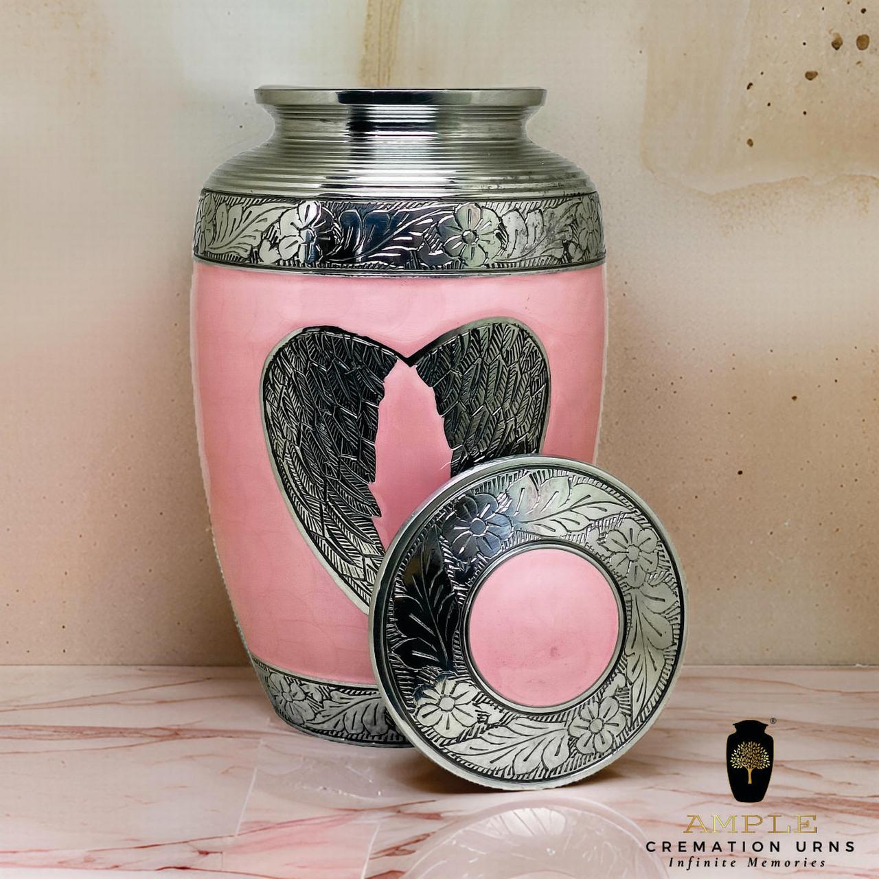Pink Cremation Urn with Silver Wing Detail, 11x7 inches - Ample Size for Human Ashes