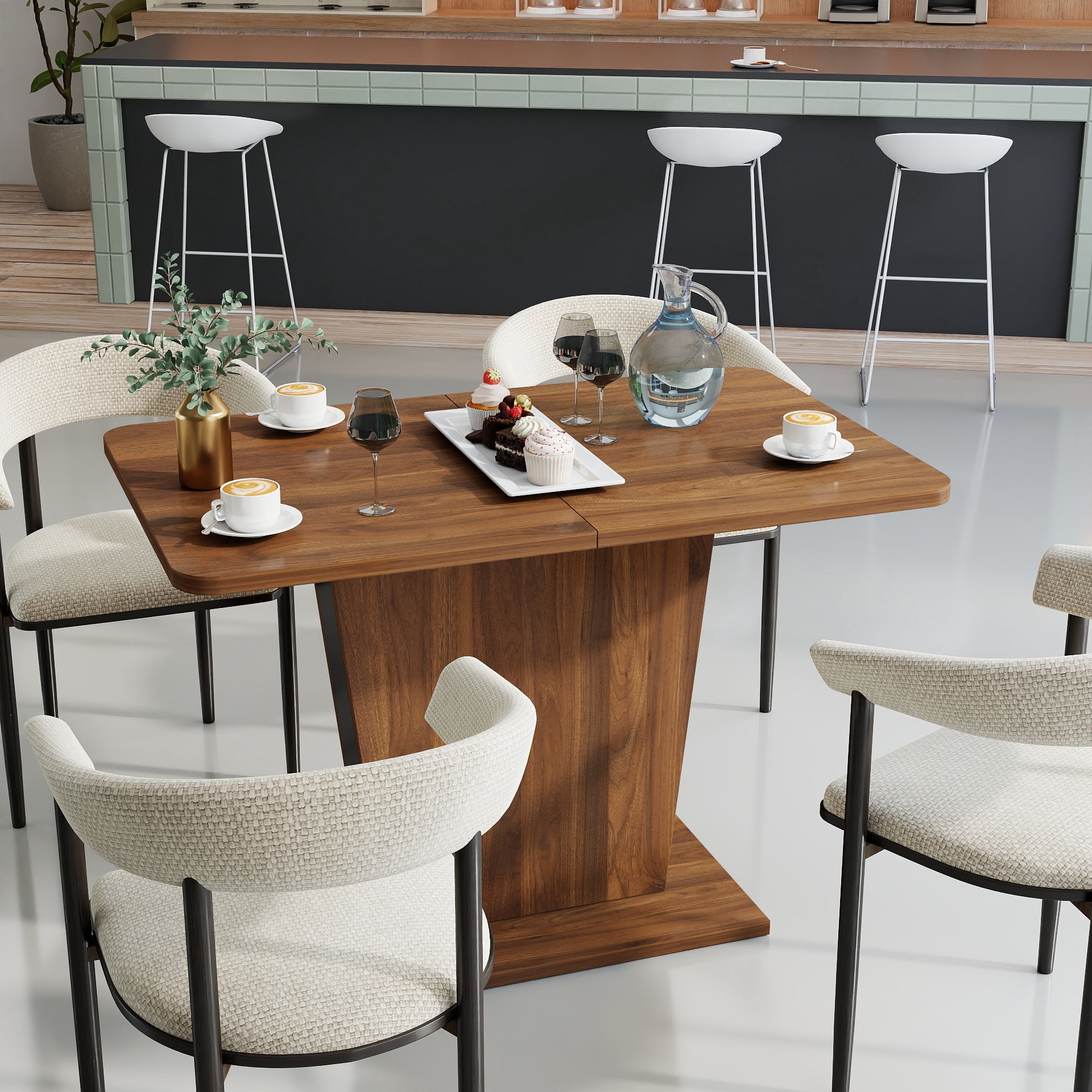 Mintazer Extendable Dining Table, Expandable Pedestal Kitchen Table for Small Space for Dining Room Apartment, Walnut Brown
