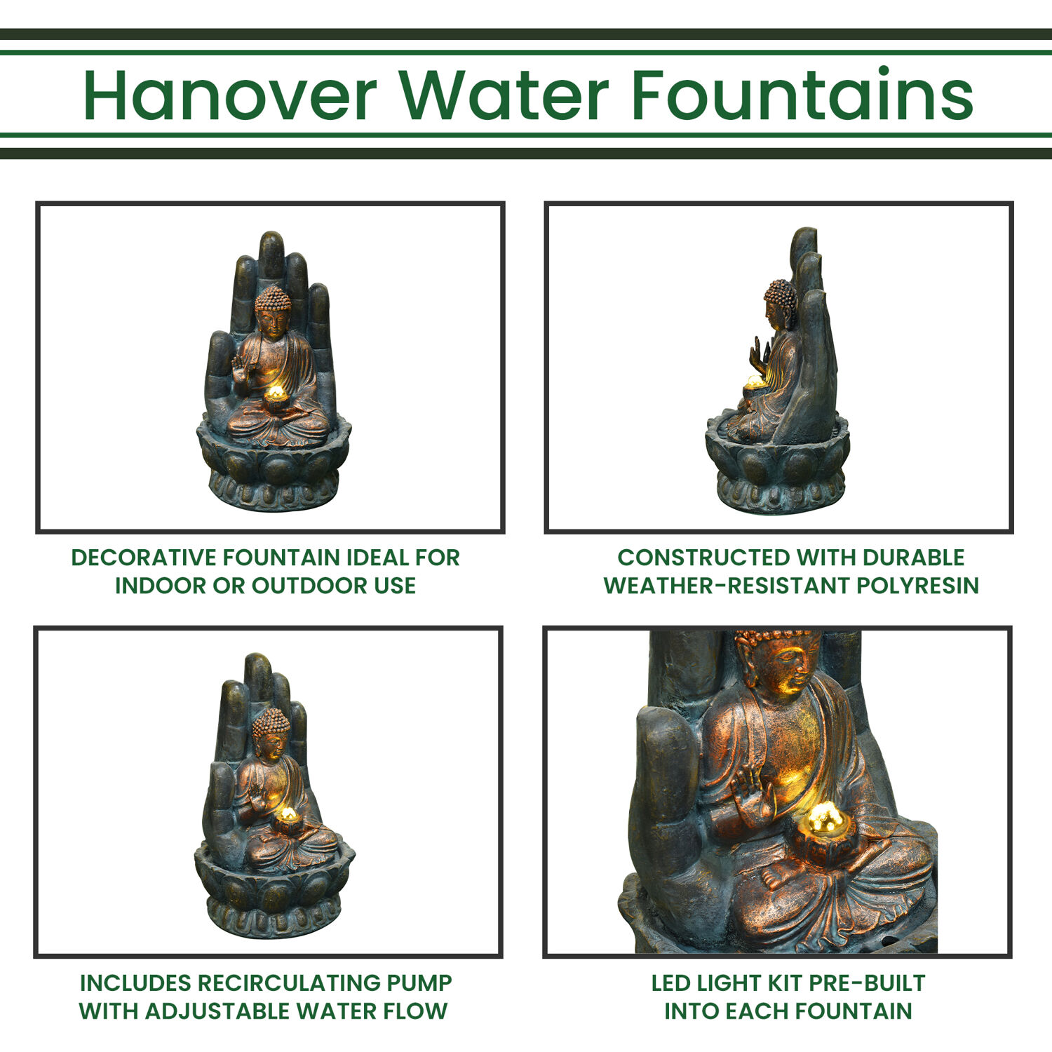 Hanover 21-In. Buddha Hand of Protection Indoor or Outdoor Garden Fountain with LED Lights for Patio, Deck, Porch, HAN021BUDDHA-03