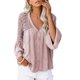 thumbnail image 1 of Camisa de crochet informal para mujer, cuello en V, mangas largas acampanadas, blusa suelta informal, transpirable y amigable con la piel, para uso diario, Rosa S, 1 of 5