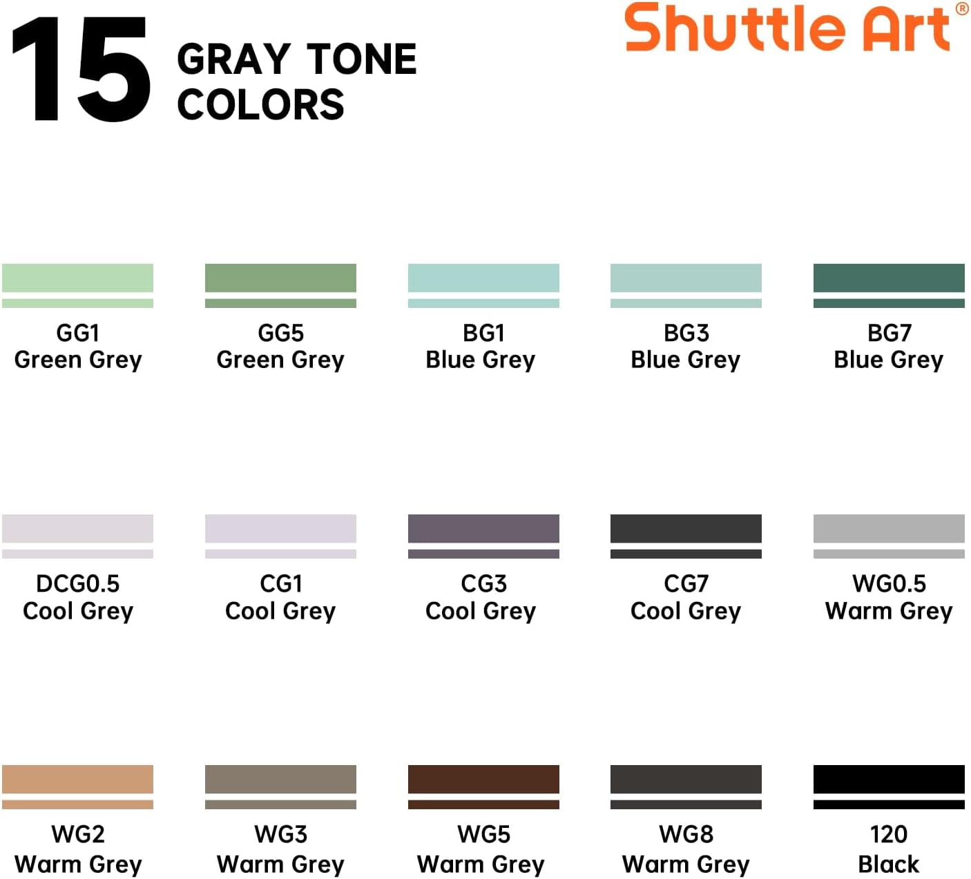 Shuttle Art Dual Tip Art Markers, Fine-Point, Gray, 15 Count Pack
