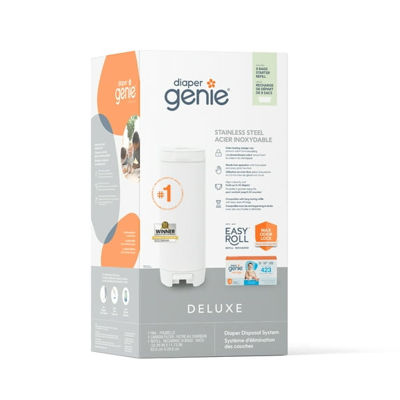 Diaper Genie Infant Deluxe Pail with 9 Easy Roll Bags, White
