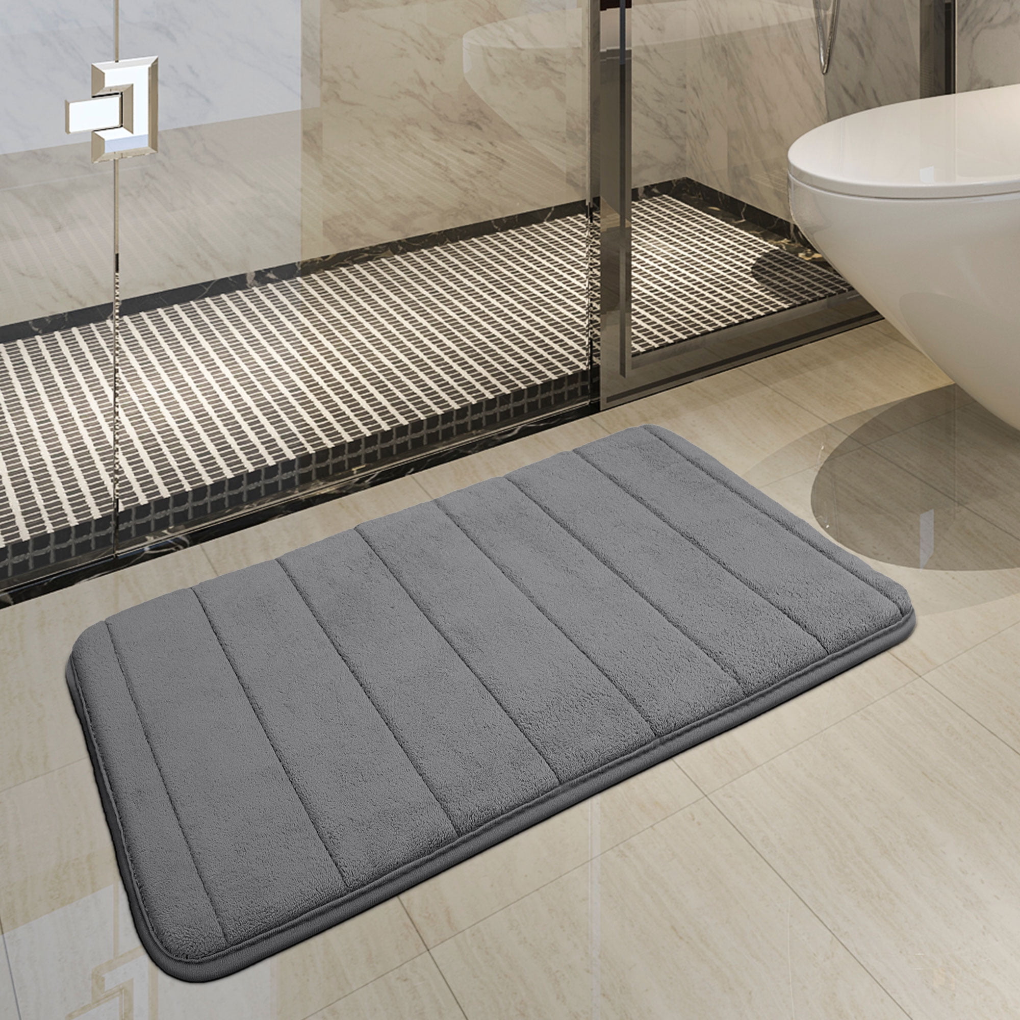 REGALWOVEN 2Pcs Memory Foam Bath Mat Non Skid Velvet Absorb Water Bath Rug for Bathroom Kitchen Soft Carpet Gray