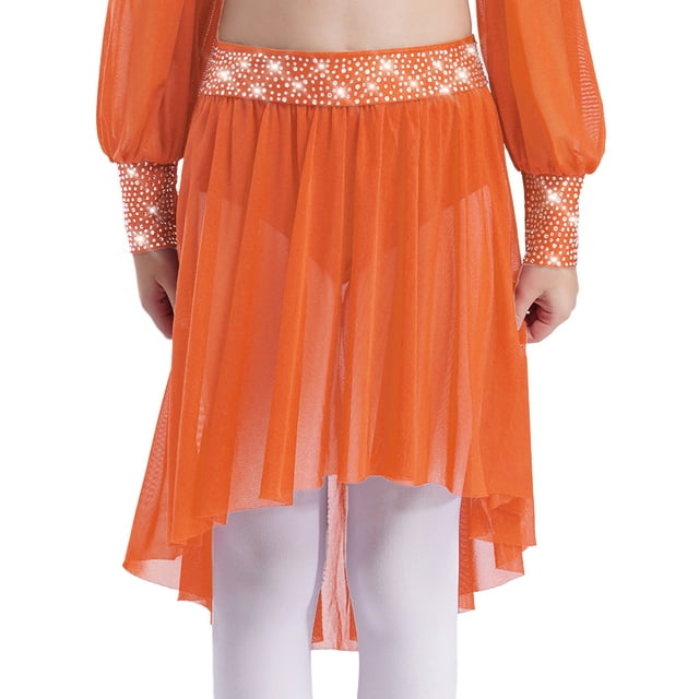 Doomiva Kids Girls Rhinestones Lyrical Ballet Dance Chiffon High-Low Wrap Skirts Studio Practice Performance Costume Orange 14