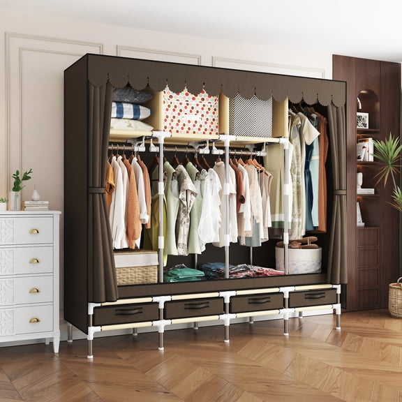 67 Inch Closet Organizer with 4 Hanging Rods & 4 Drawers, Portable Closet Organizer and Storage, Clothing Rack Shelf Wardrobe Cabinet, Tool-Free Assembly, Grey & Brown