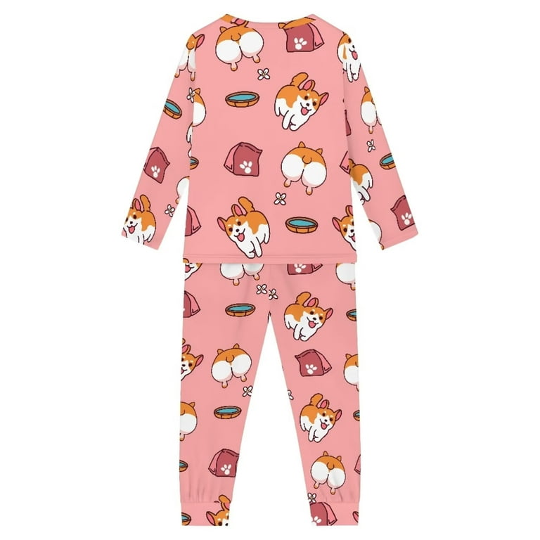 Renewold Breathable Kid Corgi Dog Pjs for Teen Girls Pink Pajama Top 2 Pack  Long Sleeve Loungewear Warmth Nightwear Set Thermal Sweatsuit Sleepwear  Size 9-10 