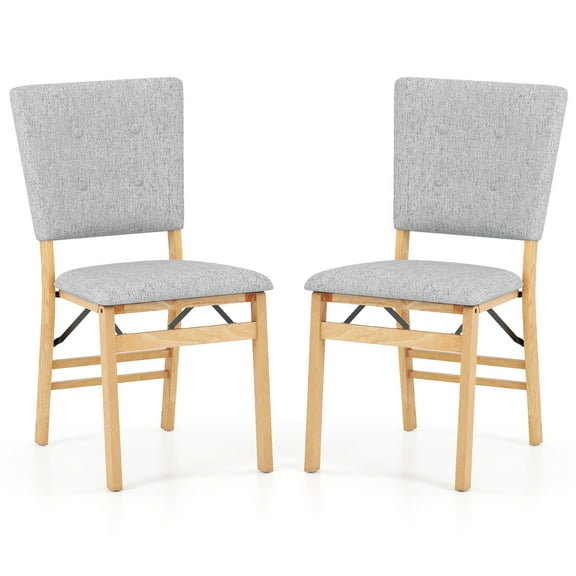 Gymax Foldable Dining Chair Set of 2 w/Padded Seat & Tilt Backrest Rubber Wood Legs Grey