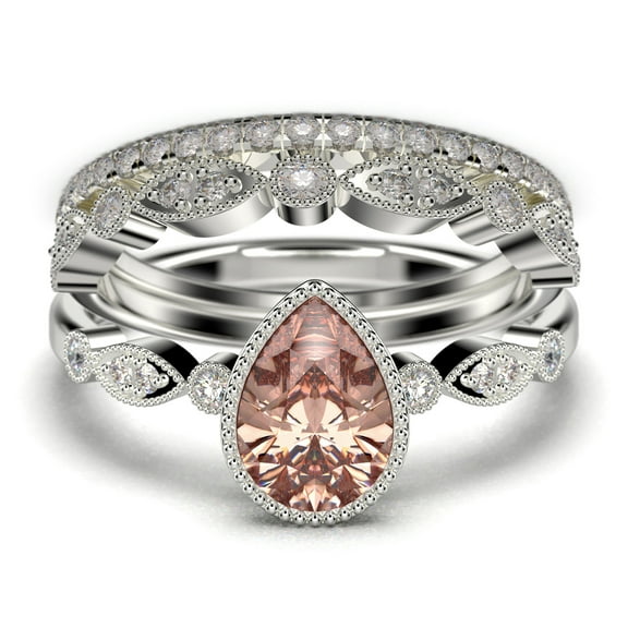 Dazzling Boho & hippiepie 2.25 Carat Pear Cut Morganite And Diamond Moissanite Engagement Ring, Wedding Ring, Two Matching Band in 925 Sterling Silver With 18k White Gold Plating, Birthday Gift