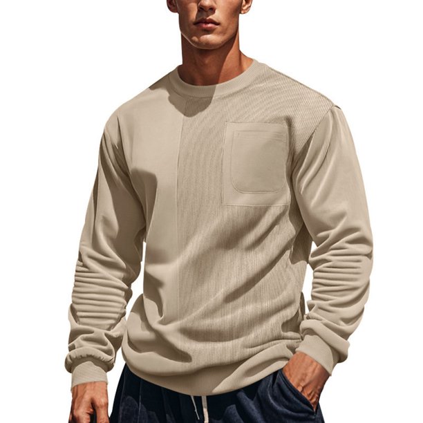 Blusas y camisas de manga larga con cuello redondo para hombre, de pana de color liso, con bolsillos empalmados y sudadera con cuello redondo. Blusa de pana para hombre.