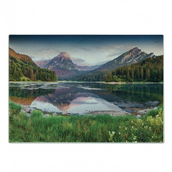 Landscape Cutting Board, Swiss Lake Obersee near Nafels Village Switzerland Europe Scenic Summer Sunrise, Decorative Tempered Glass Cutting and Serving Board, Small Size, Multicolor, by Ambesonne