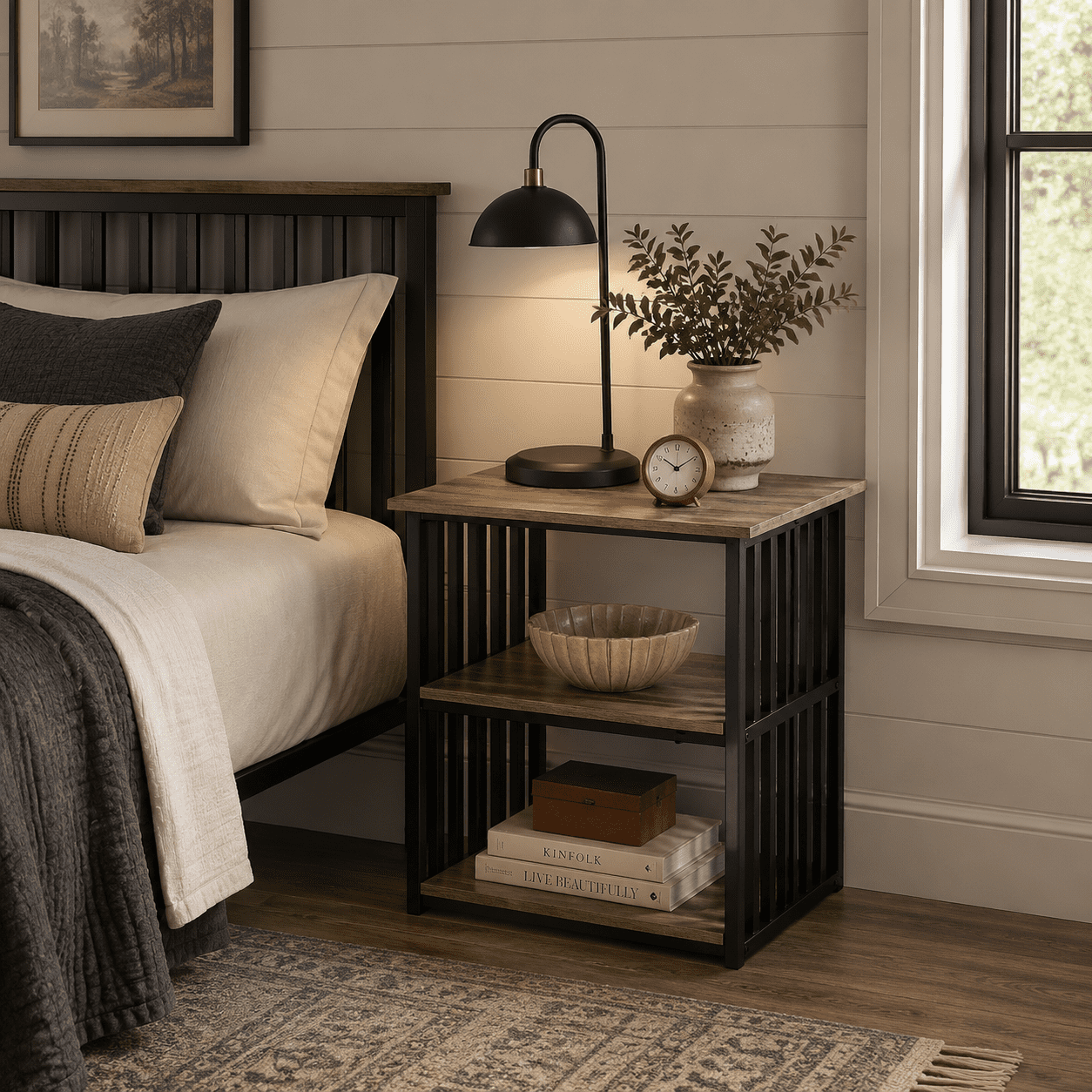 Nightstand Antique Oak & Black Composite Wood Metal Industrial Bedside Table 22"W x 22"D x 23"H