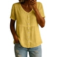 thumbnail image 2 of Craaazy Women's Casual V Neck Blouse, Solid Color Short Sleeve Button Down Shirt, Loose Fit Comfy Breathable Cotton Linen Tops for Daily Wear Gifts, 2 of 6
