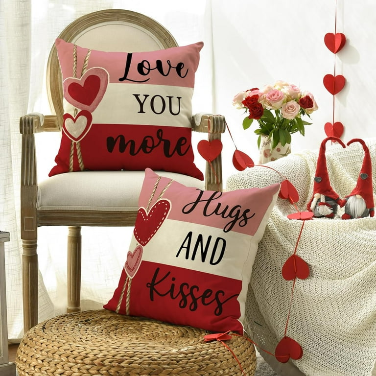 Valentine''s Day Hugs and Kisses Love You More Throw Pillow Covers