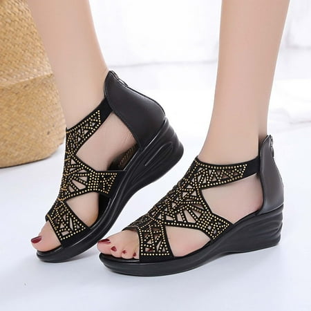 

AXXD Gold Wedge Sandals for Women Summer Fish Mouth Rhinestone Hollow Out Sandals Back Zipper Heels Sandals