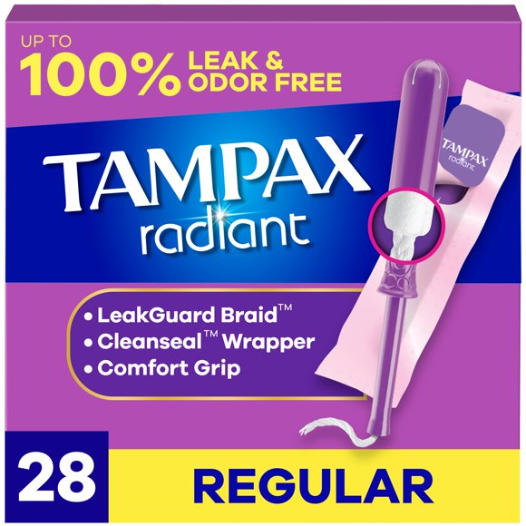 Tampons Tampax Radiant, avec tresse anti-fuites LeakGuard, degré d’absorption régulier, non parfumés