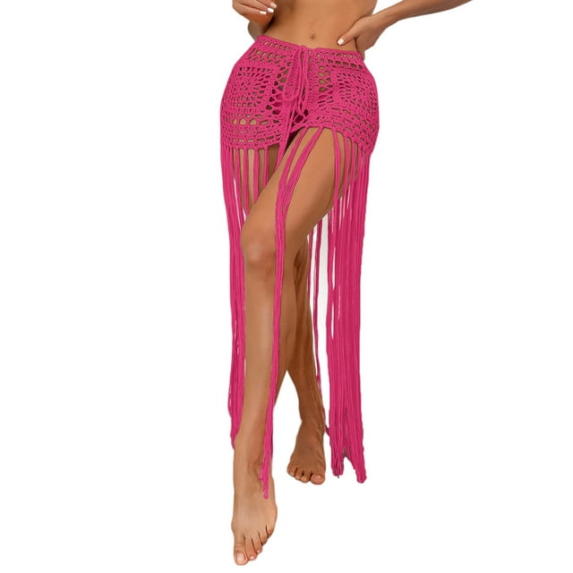 EYIIYE Jupe Mini Crochetée Ajourée pour Femmes Paréos pour Dames Jupe Transparente Couleur Unie Jupe à Franges Tricotée Jupes de Plage Bas de Bikini d'Été