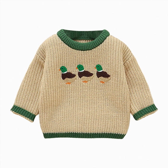 larppty Toddler Baby Boy Girl Knit Sweater Cute Duck Embroidery Long Sleeve Pullover Knit Tops Fall Winter Kids Sweatshirt (Khaki,18-24 Months)