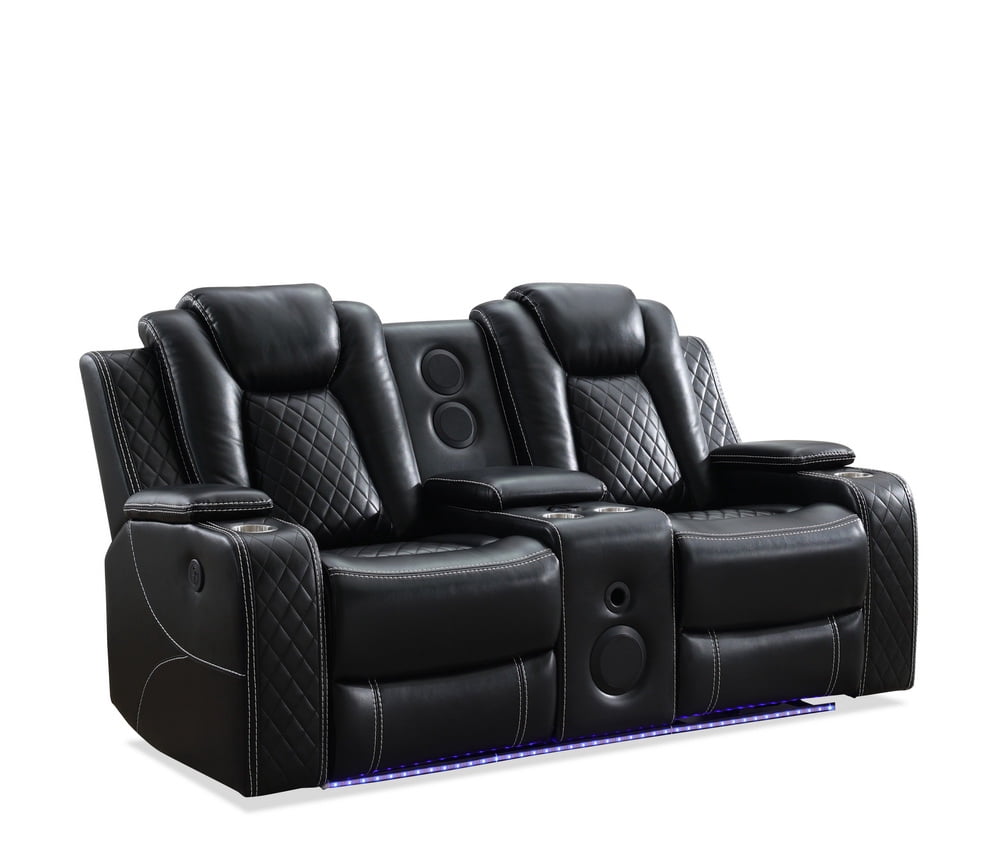Gewnee 2-Seat Technical Leather Power Reclining Loveseat with LED Strip, Bluetooth Speakers, USB Charging, Cup Holders and Storage, Black