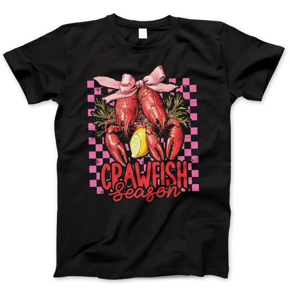 Crawfish Season T-Shirt – Cute Seafood Boil Graphic Tee with Red Crawfish, Pink Bow, and Lemon, Fun Southern Foodie Shirt for Women