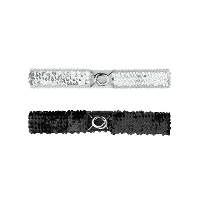 Cinturones elásticos delgados de 2 piezas para mujer INSPIRE CHIC con brillo y decoraciones de lentejuelas, color plata