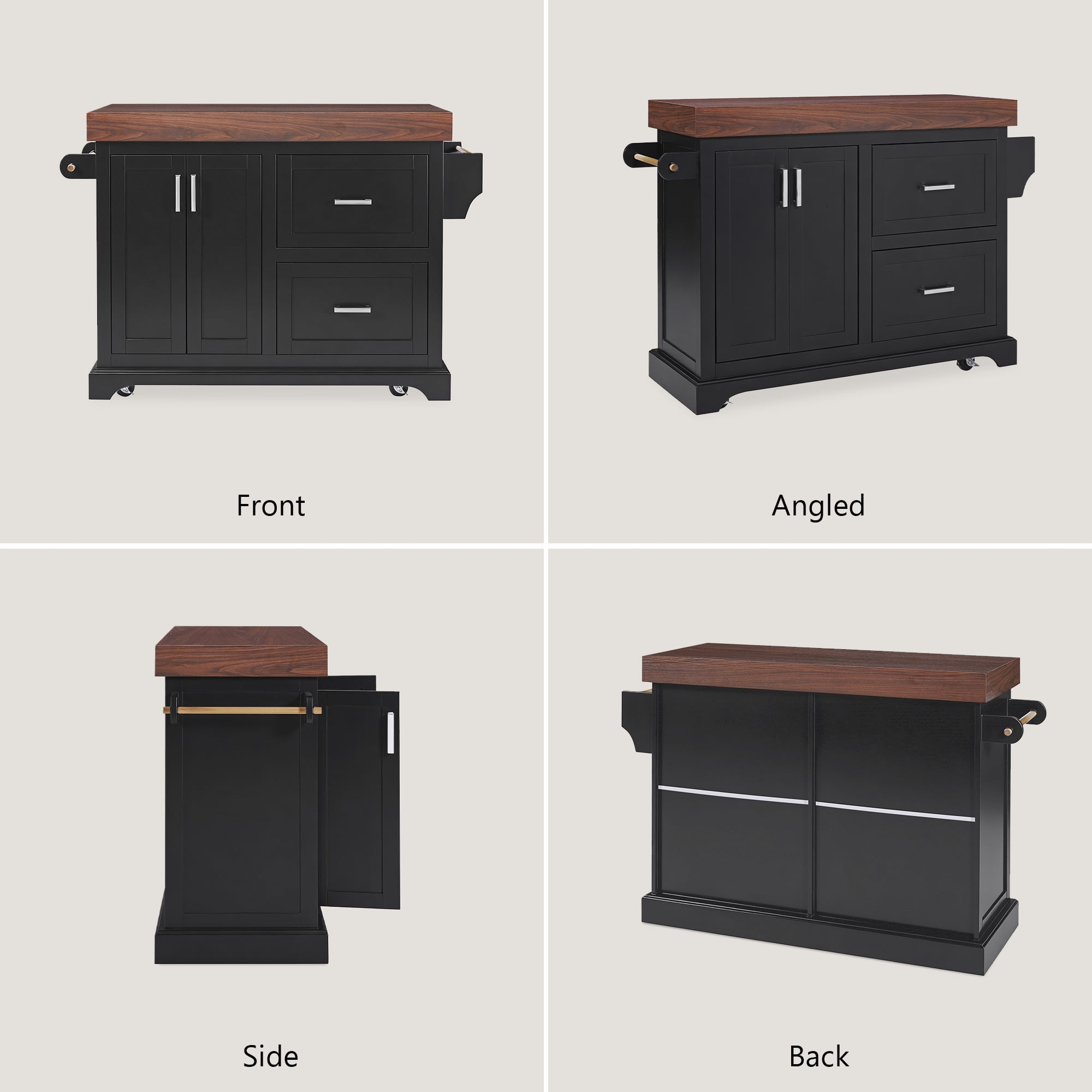 Aukfa 53" Kitchen Island with 3.5" Thick Desktop, Rolling Kitchen Cart with 2 XL Drawers & Spice Rack,Black
