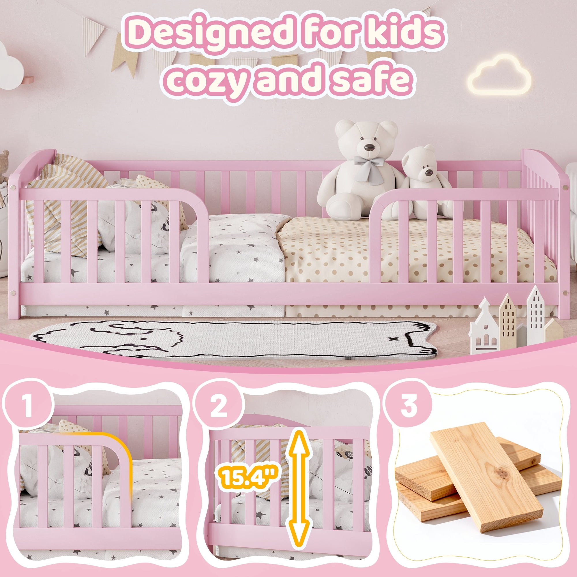 Leumius Twin Size Floor Fence Bed with Central Entrance, Pine Wood Floor Bed with Guardrails for Boys Girls Pink