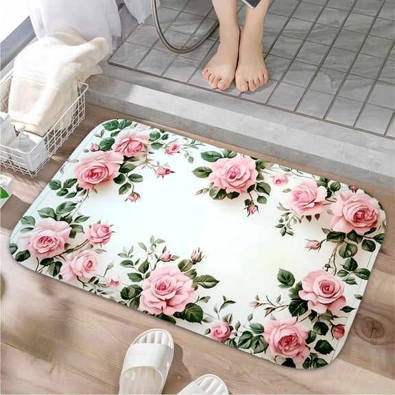 1pc Pink Roses Border Absorbent Non-Slip Bathroom Thickened Flannel Rug Decor,Soft,Quick Drying,Suitable For Indoor/outdoor Use,Bathrooms,Bedrooms,Kitchens,Terrace,Laundry Rooms,16"x24"