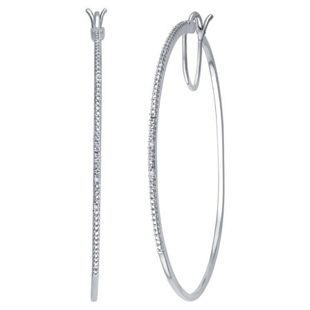 Genuine 0.02 Carat Natural Diamond Accent Hoop Earrings In 14K White Gold Plated